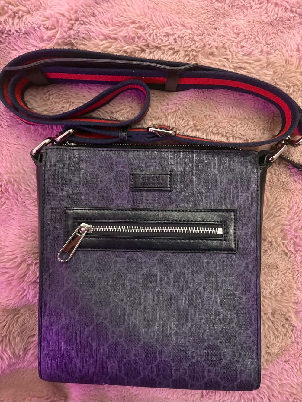 Gucci Navy Monogram Messenger Bag with Red-Blue Strap